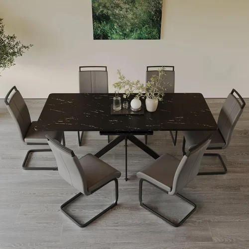 Vista 3 de Mesa de comedor de mármol para 4-8, mesa de comedor extensible de 62.4 a 78.15 pulgadas, mesa de cocina moderna, mesa rectangular que ahorra espacio