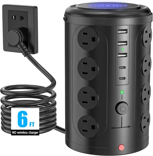 Vista 12 de Regleta de alimentación con protector de sobretensiones de torre (16 salidas de CA + 5 puertos USB incluyendo 2 tipos C), cable de extensión de 5
