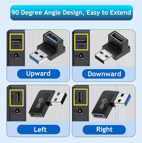 Vista 2 de Adaptador USB 3.0 macho a hembra de 90 grados, (4 unidades) hacia arriba y abajo, conector extensor USB A de ángulo izquierdo y recto para PC