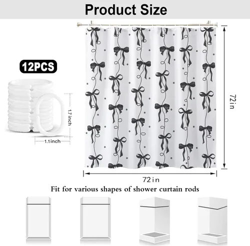 Vista 6 de Cortina de ducha con lazo negro, bonita cortina de ducha coqueta estética para adolescentes y niñas, decoración de tela impermeable con 12 ganchos