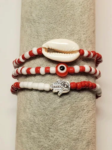 Vista 28 de 3 pcs Ilde Cowrie seashell Evil Eye Hamsa Hand Orisha Santeria Pulseras Bracelet Set