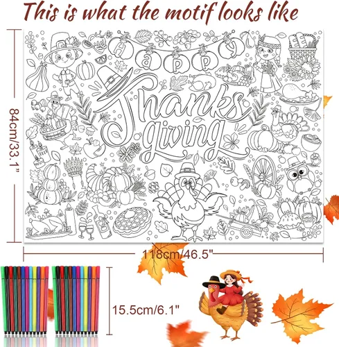 Vista 2 de HOWAF Póster para colorear con 24 bolígrafos de pintura, cartel gigante para colorear con texto en inglés "Give Thank Things", mantel gigante