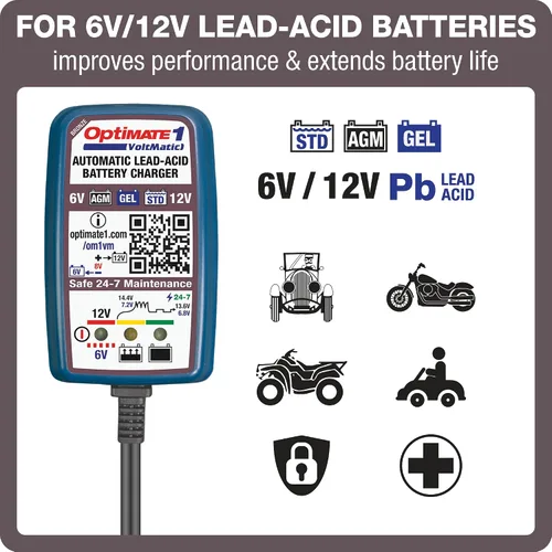Vista 2 de Tecmate Optimate 1 VoltMATIC, TM-401a, Serie Bronce: Cargador y mantenedor de batería de 4 pasos 6V / 12V (0.6A), Azul