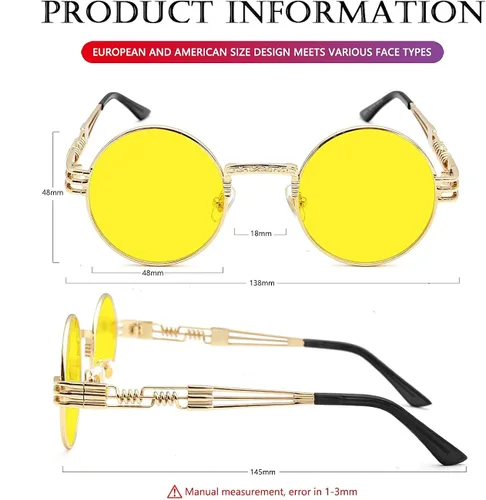 Vista 7 de AIEYEZO Gafas de sol redondas steampunk Circle Lennon Hippie, marco de metal, lente de bloqueo UV 100%