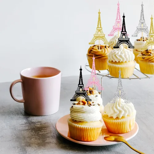 Vista 7 de 24 adornos para cupcakes de la Torre Eiffel, purpurina de doble cara Decoración para tartas de París, decoraciones de fiesta temática de París