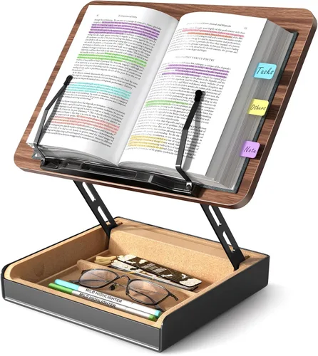 Vista 10 de Soporte para libros con almacenamiento, soporte para libros para lectura con manos libres, soporte de madera para libros de cocina para encimera