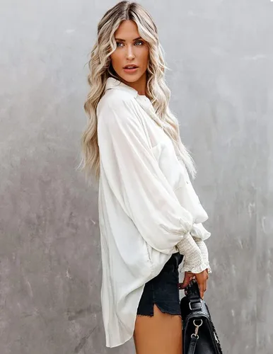 Vista 3 de Chigant Camisas con botones de manga larga tipo farol, blusas de gran tamaño, camisas casuales para la oficina