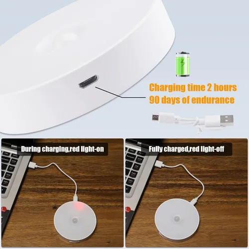Vista 3 de Paquete de 3 luces con sensor de movimiento, 8 LED de luz nocturna recargable, con cable USB y parche magnético, 3 modos, luz de pared segura Blanco