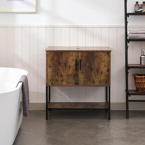 Vista 32 de UEV Juego de tocador de baño antiguo de 24 pulgadas, color marrón oscuro con lavabo, armario de baño de madera de hierro con grifo de temperatura