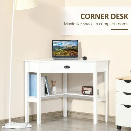 Vista 5 de HOMCOM Escritorio esquinero, escritorio triangular para computadora con cajón y estantes de almacenamiento para espacios pequeños, estación