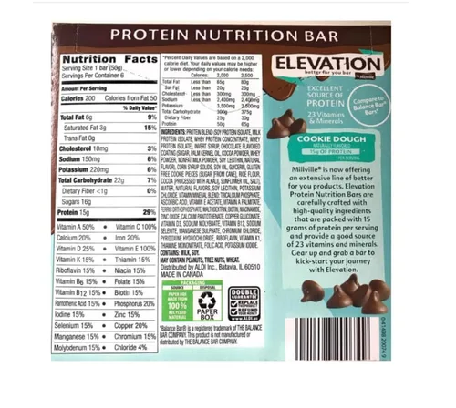 Vista 2 de Millville Elevation - Barras de proteínas para bocadillos de 1.4 onzas, barras de 0.18 oz de proteína (masa de galleta, paquete de 2 (12 barras))