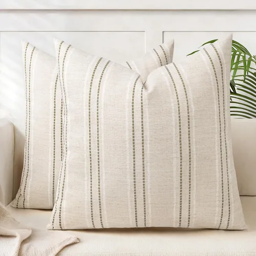 Vista 25 de AELS Fundas de Almohada Decorativas de Lino Estilo Granja de 16x16, Funda de Almohada con Textura Boho, Juego de 2, Beige con Rayas de Hilo Teñido