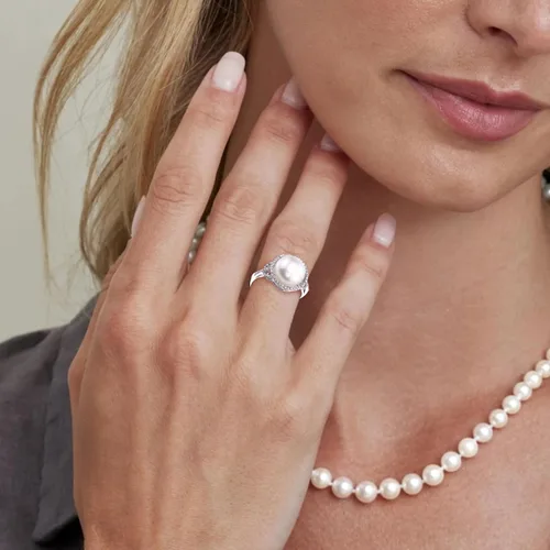 Vista 2 de The Pearl Source Freshwater Cultured Pearl Ring for Women with Button Pearl and Cubic Zirconia on Sterling Silver
