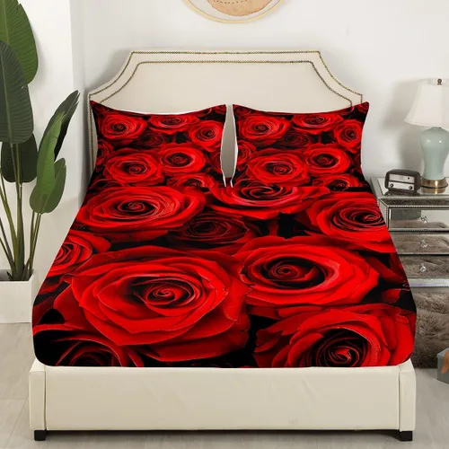 Vista 4 de Juego de sábanas de rosas rojas, tamaño individual, juego de sábanas florales de color rojo degradado y negro para niñas, mujeres, niños