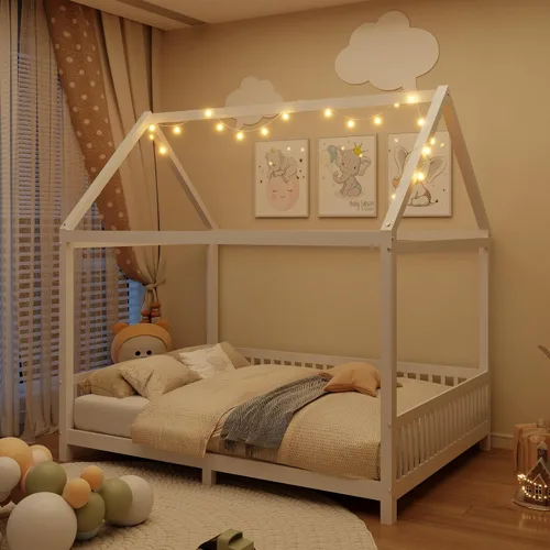 Vista 17 de Harper & Bright Designs Marco de cama de piso de casa de tamaño individual con valla, cama Montessori de madera con marco de techo de casa Gris
