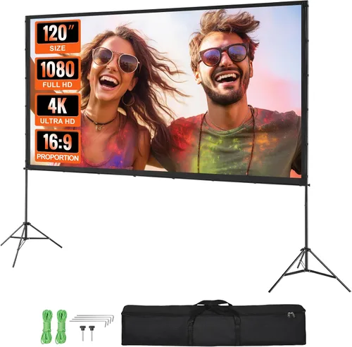 Vista 12 de VEVOR Pantalla de proyector con soporte, pantalla de proyección gran angular de 80 pulgadas y 160° para interiores y exteriores, 16:9 4K HD sin
