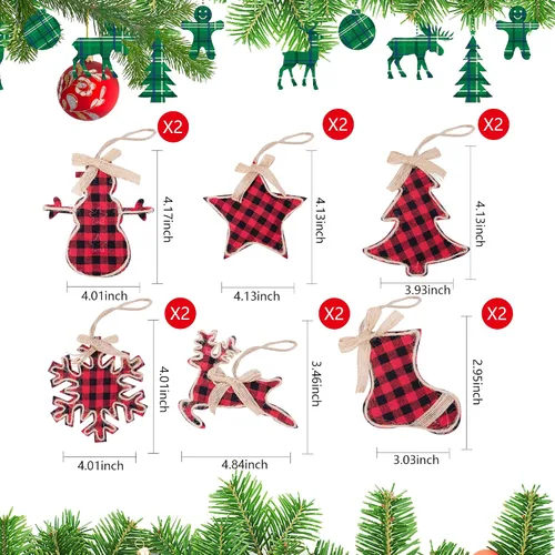 Vista 2 de Watayo 12 adornos colgantes de Navidad a cuadros negros y rojos, adornos colgantes de arpillera a cuadros de búfalo negro y rojo, decoración