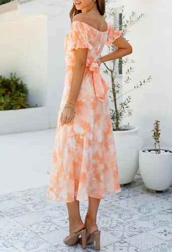 Vista 5 de Linsery - Vestido largo con hombros descubiertos para mujer, cóctel, fiesta, boda, formal, vestido por debajo de la rodilla, con vuelo