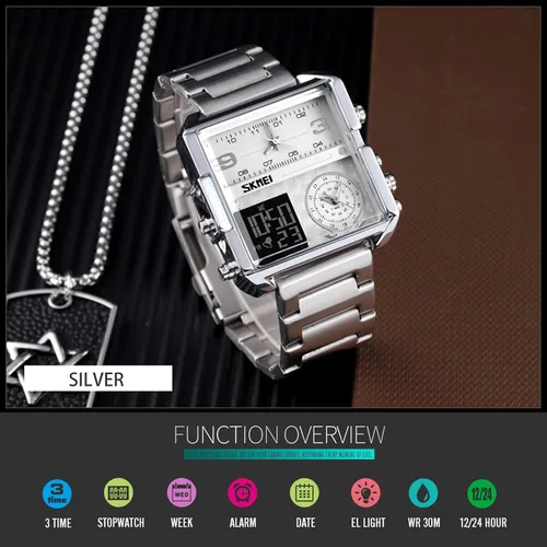 Vista 3 de SKMEI Relojes para hombre, relojes de pulsera cuadrados para hombre, retroiluminación LED, pantalla grande, zona multihoraria, reloj para hombre
