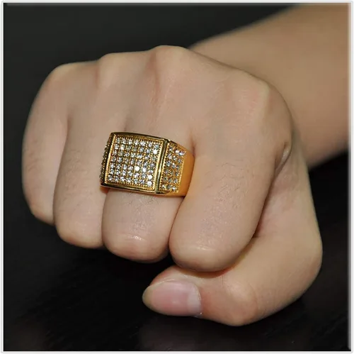 Vista 6 de Xusamss Hip Hop chapado en oro de 18 quilates de acero inoxidable cuadrado anillo de cristal
