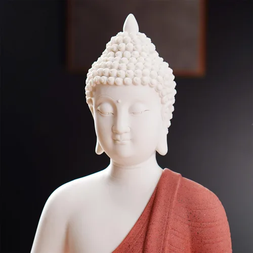 Vista 2 de QINLANG Estatua de Buda roja de 12 pulgadas y lámpara de mesa circular LED de 15.74 pulgadas, estatuas de Buda de interior para decoración del hogar