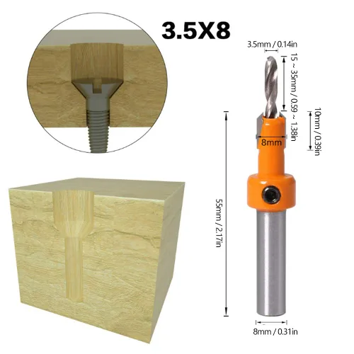 Vista 4 de Juego de 5 brocas avellanadas para taladrar madera, taladros para carpintería, taladros para carpintería, herramienta de carpintería con llaves