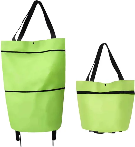 Vista 8 de Carrito de compras plegable con ruedas – Bolsa de compras plegable con cremallera de dos etapas para frutas, verduras (negro)