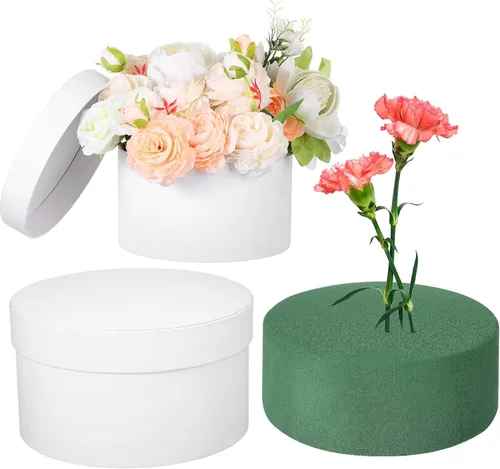 Vista 8 de Nuenen Caja de regalo redonda con tapa y juego de espuma floral, negro, 2 piezas, cajas de regalo para flores para el día de la madre, dama
