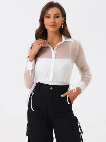 Vista 3 de Allegra K Chaqueta de malla transparente para mujer, manga larga, dobladillo con cordón y botones, recortada