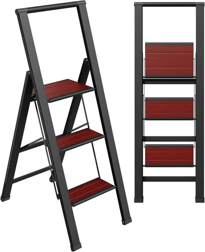 Vista 8 de Escalera de Peldaños de 1 Escalón Plegable, Decorativa - Hermosa Madera Gris y Aluminio Negro, Perfil Ultra Delgado, Peldaños Antideslizantes