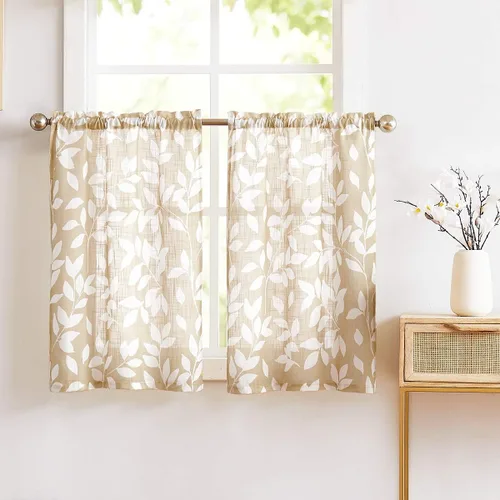 Vista 13 de Treatmentex Cortinas azules de cocina de 24 pulgadas con estampado de hojas blancas cortas para ventanas pequeñas, 2 paneles