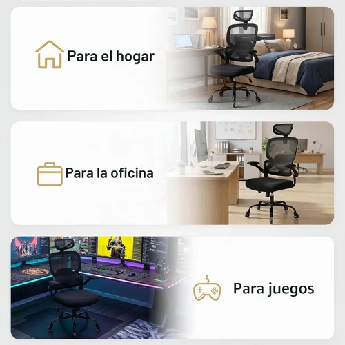 Vista 9 de Silla de oficina ergonómica con reposabrazos abatibles, soporte lumbar ajustable, silla de computadora con respaldo de malla transpirable, sillas