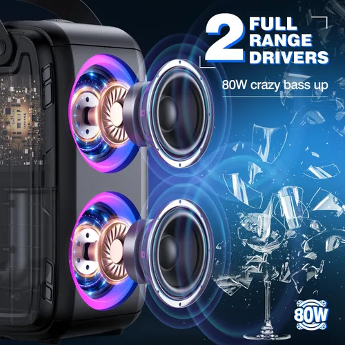 Vista 2 de W-KING Altavoz Bluetooth de 80 W con micrófono inalámbrico, altavoz Bluetooth portátil para fiesta, 2 controladores de rango completo/graves
