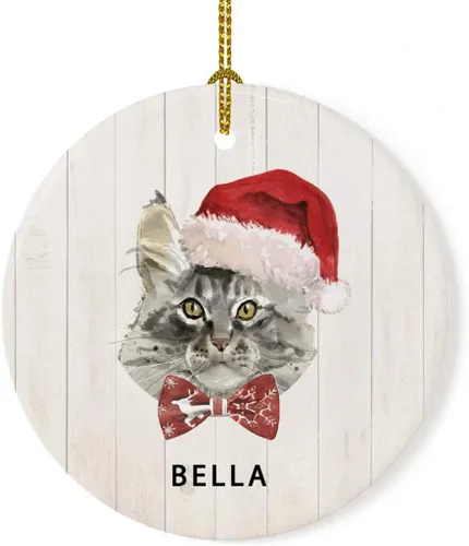 Vista 15 de Andaz Press Adorno redondo personalizado de cerámica para árbol de Navidad, abisinio, corona de acebo, sombrero de Papá Noel, con gráfico de gato