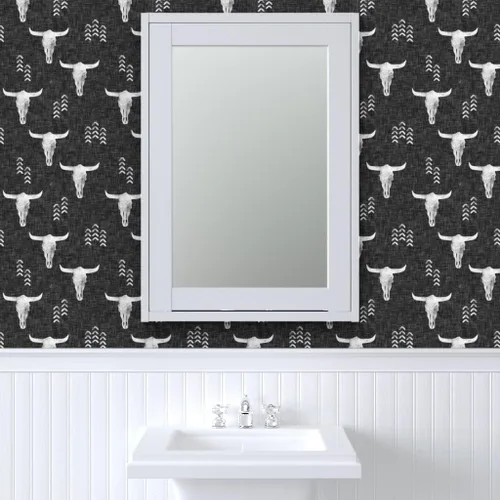 Vista 9 de Muestro de papel tapiz extraíble, diseño de calaveras del desierto, bohemio, inspirado en el suroeste, color gris y vaca, papel pintado prepegado