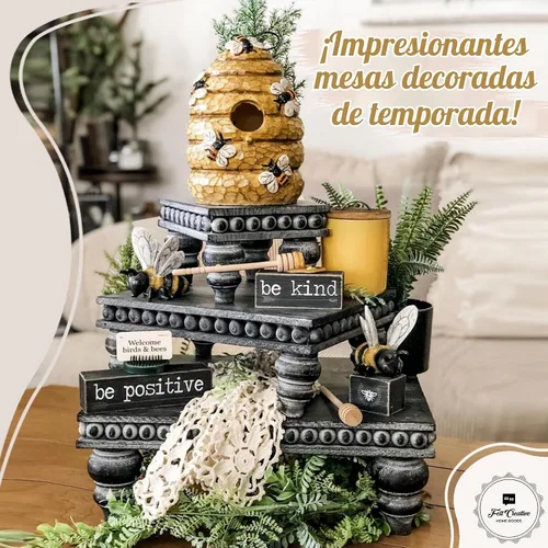Vista 6 de Bandeja decorativa [Juego de 3] bandejas escalonadas de madera, bandeja decorativa para uso de mesa, isla de cocina, barra de café, elevadores