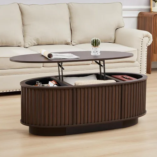 Vista 7 de Mesa auxiliar ovalada de 43.3 pulgadas con almacenamiento, mesa de centro acanalada con parte superior elevable, mesa central moderna de mediados