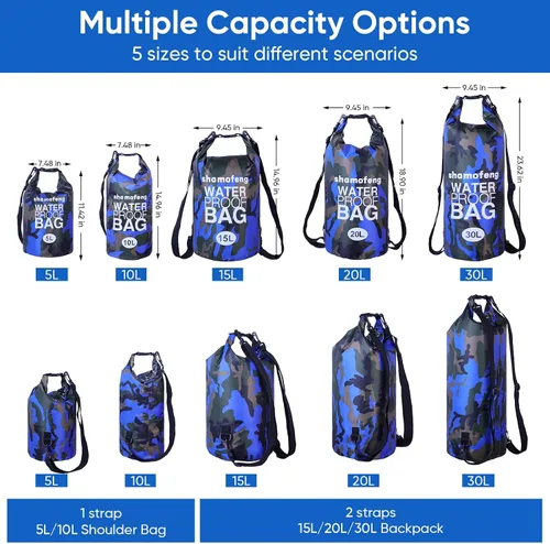 Vista 3 de Bolsa seca impermeable de 5L/10L/15L/20L/30L Mochila de almacenamiento en seco con funda para teléfono, botella de agua plegable, gafas de sol Azul