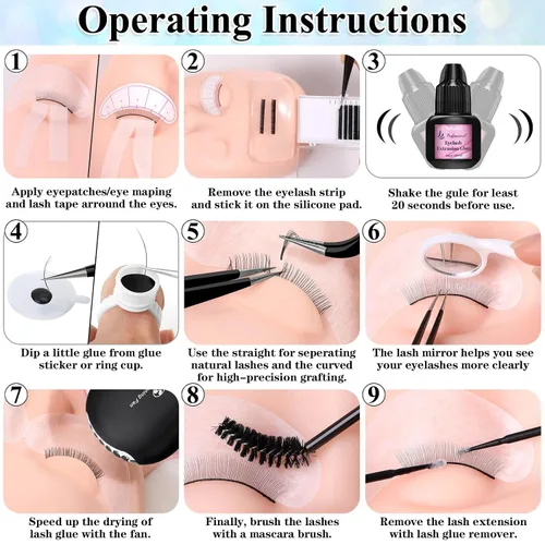 Vista 6 de Kit de extensión EyeLash para principiantes, kit profesional de práctica de extensión de pestañas con todo, cabeza de maniquí, pegamento de pestañas