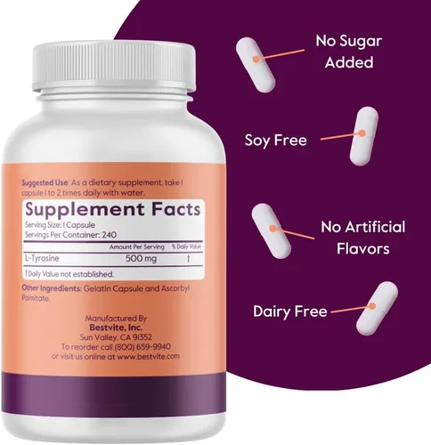 Vista 3 de BESTVITE L-tirosina 500mg (240 cápsulas) - Sin estearatos - Sin OMG - Sin gluten