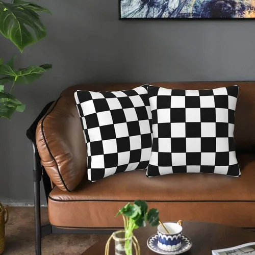 Vista 6 de Juego de 2 fundas de almohada de tablero de ajedrez en blanco y negro a cuadros, suaves, cuadradas, para sofá, decoración del hogar, 18 x 18 pulgadas