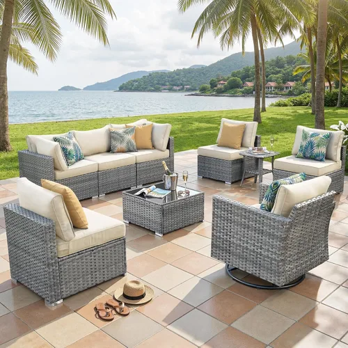 Vista 13 de ovios Juego de muebles de patio al aire libre de 5 piezas con mesa de café, conjunto seccional de muebles de patio con sofá de mimbre para todo tipo