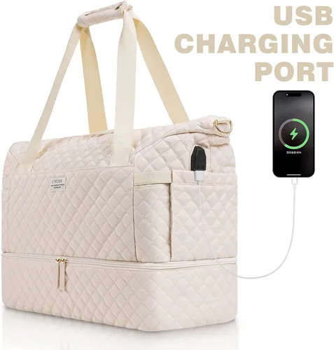 Vista 2 de Bolsa de fin de semana para mujer, bolsa de viaje con puerto de carga USB, bolsa de fin de semana con bolsillo para ropa húmeda y compartimento