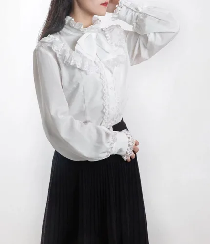 Vista 2 de Blusa victoriana para mujer, estilo gótico, Lolita, renacentista, vintage, manga larga, con volantes de loto