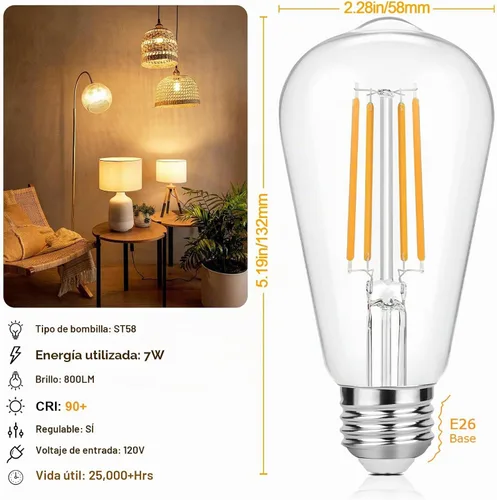 Vista 2 de Bombillas LED Edison vintage equivalentes a 60 W, regulables, 7 W, ST58, bombillas de filamento LED, blanco suave, 2700 K, iluminación