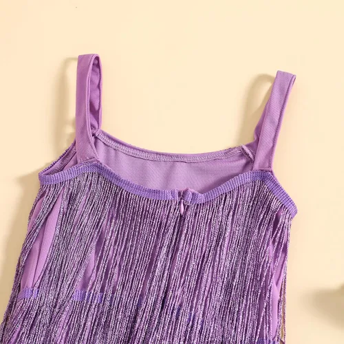 Vista 5 de WALLARENEAR Vestido de lentejuelas para niños, vestido sin mangas con borlas brillantes, vestido de baile latino para fiesta, vestido de baile