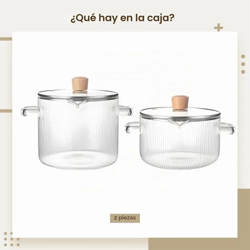 Vista 5 de Juego de 2 cacerolas de vidrio de borosilicato transparente, resistentes a altas temperaturas, apto para estufa, microondas y lavavajillas, incluye