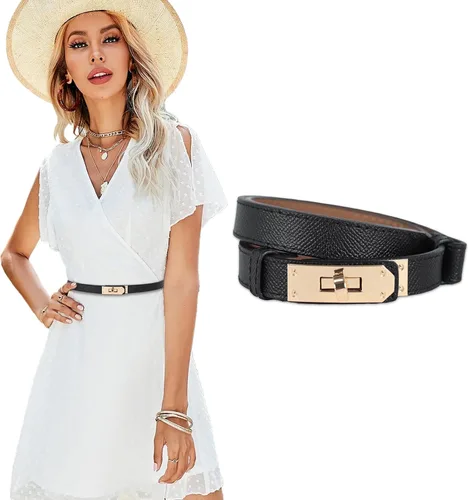 Vista 448 de Cinturón de cuero clásico con hebilla de metal para mujer con vestido de jeans