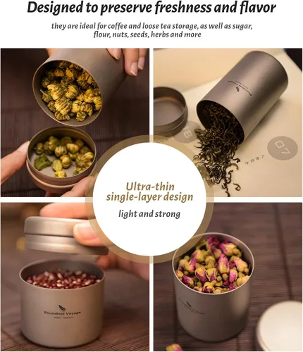 Vista 7 de Boundless Voyage Caja de lata pequeña de titanio, latas de té, latas de café, contenedor de almacenamiento de alimentos para té, café, hierbas
