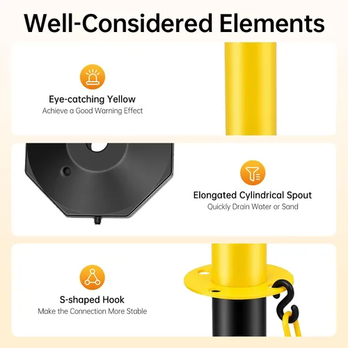 Vista 5 de 6 piezas de conos de tráfico con base rellenable de polietileno amarillo, poste de estacionamiento portátil con cadenas de 6.6 pulgadas, conos